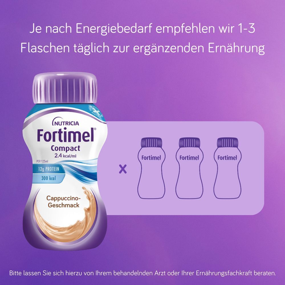 Empfehlung: 1-3 Flaschen FORTIMEL Compact täglich. Abbildung von 3 Flaschen.