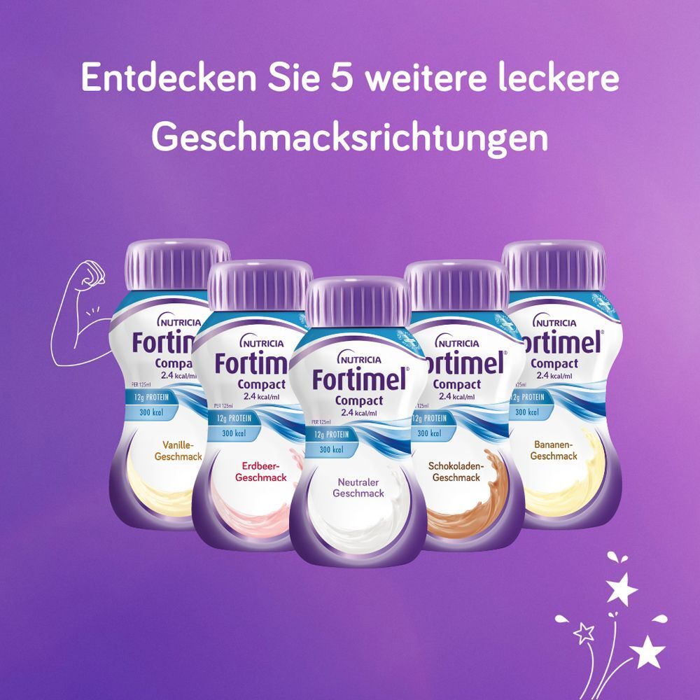 Fünf weitere Geschmacksrichtungen von FORTIMEL Compact: Vanille, Erdbeer, Neutral, Schokolade, Banane.