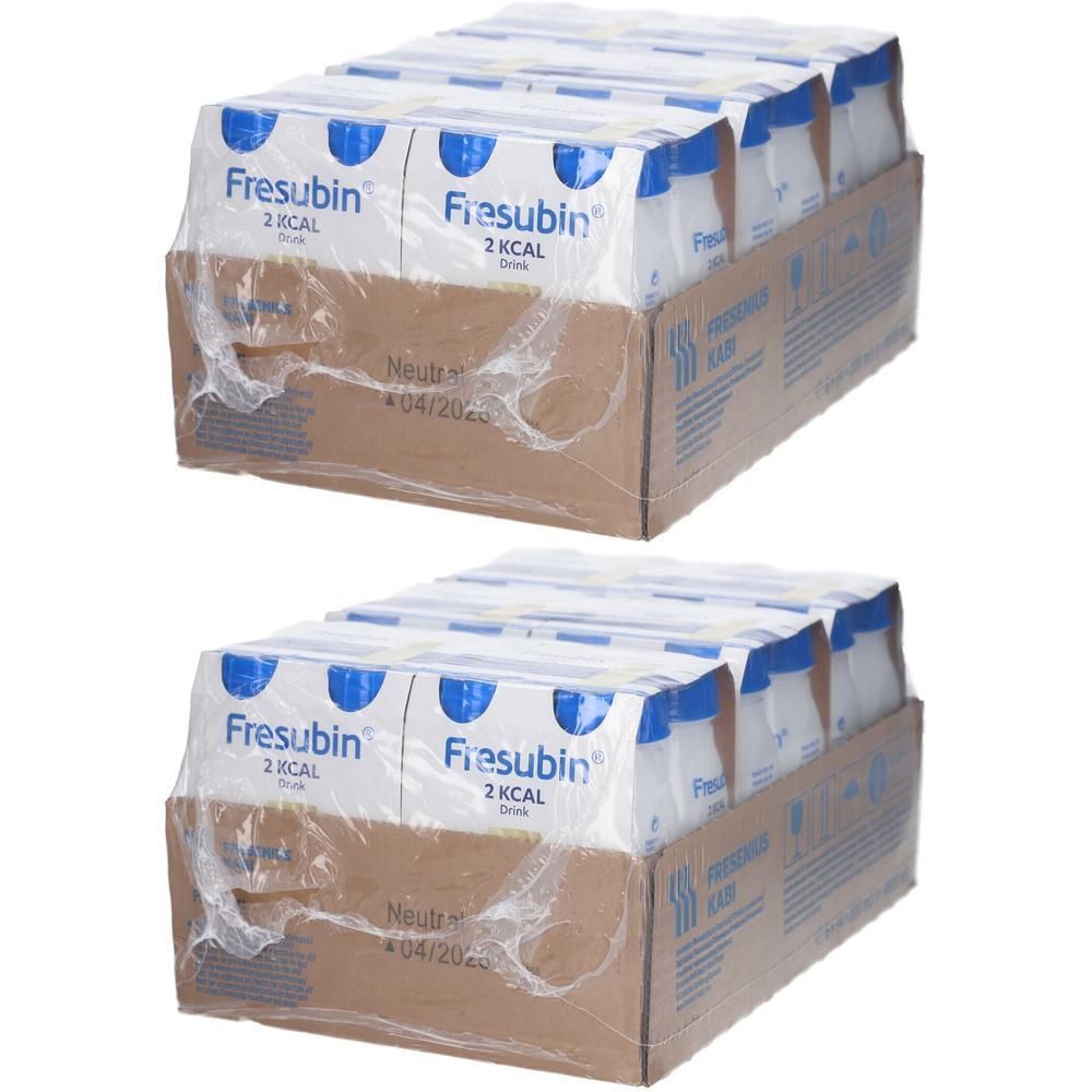 Zwei Kartons mit FRESUBIN 2 kcal DRINK Flaschen, verpackt in Folie. Aufdruck: FRESUBIN, 2 kcal, Drink.