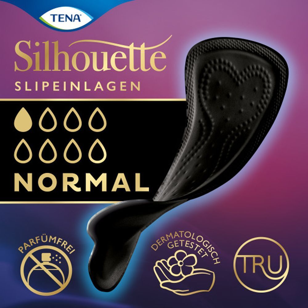 Schwarze TENA Silhouette Normal Slipeinlage. Produkt mit Logo, Tropfensymbolen und dermatologischem Test.