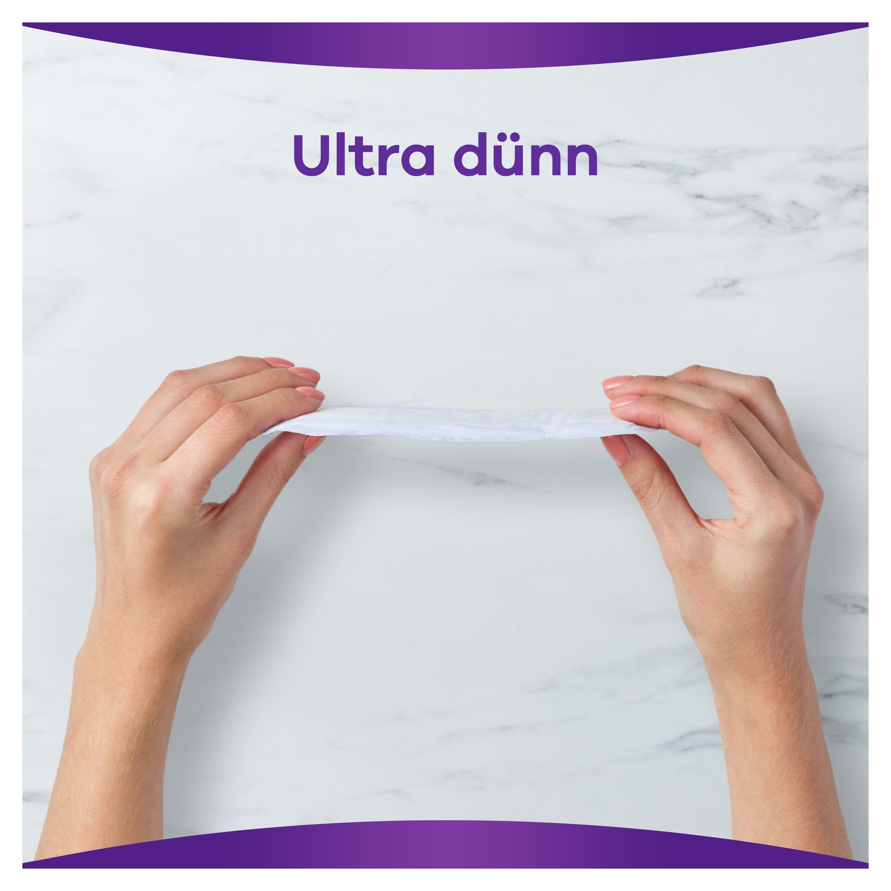Hände halten eine dünne, weiße Einlage. Text: Ultra dünn.