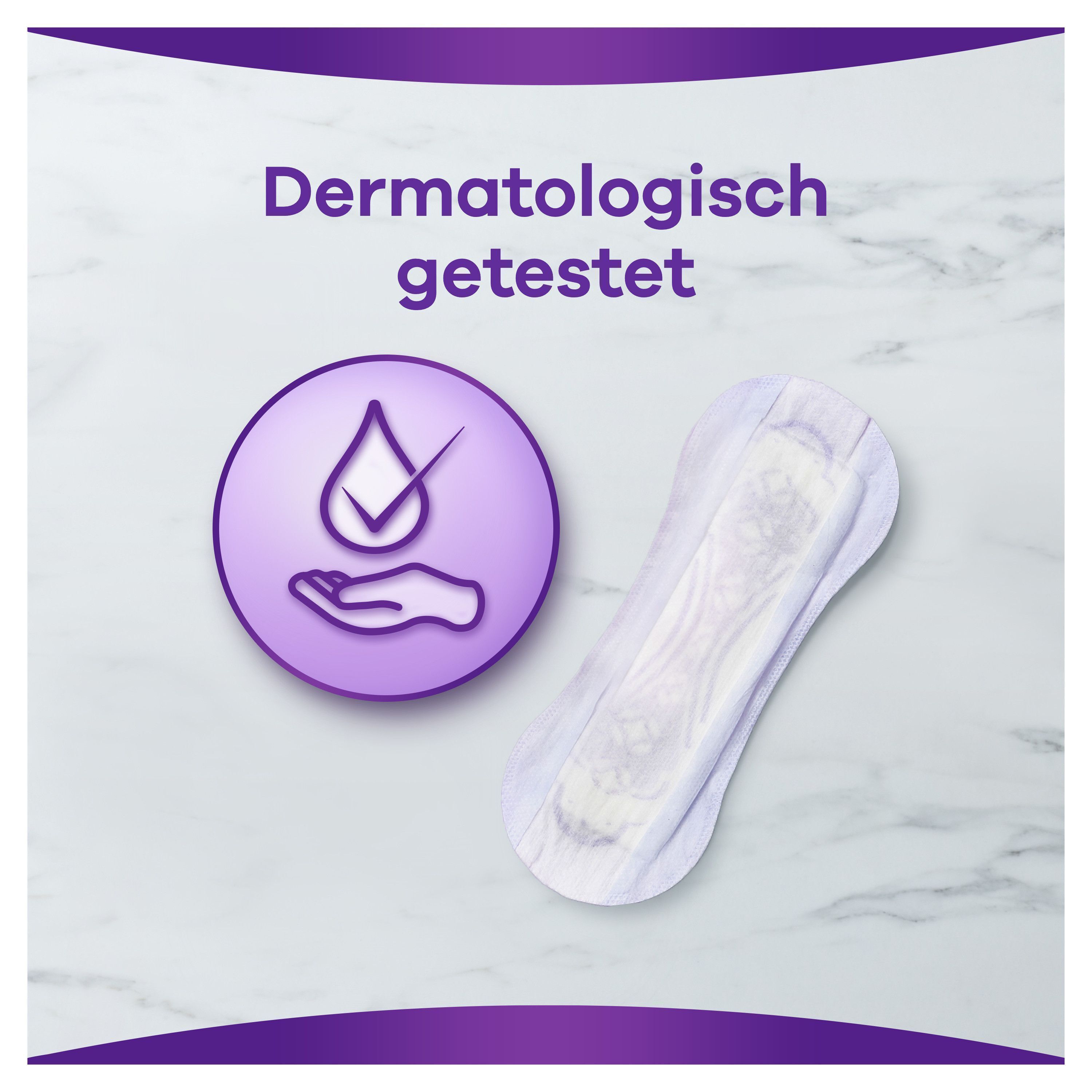 Eine Einlage neben einem lila Kreis mit Tropfen-Symbol und Text: Dermatologisch getestet.