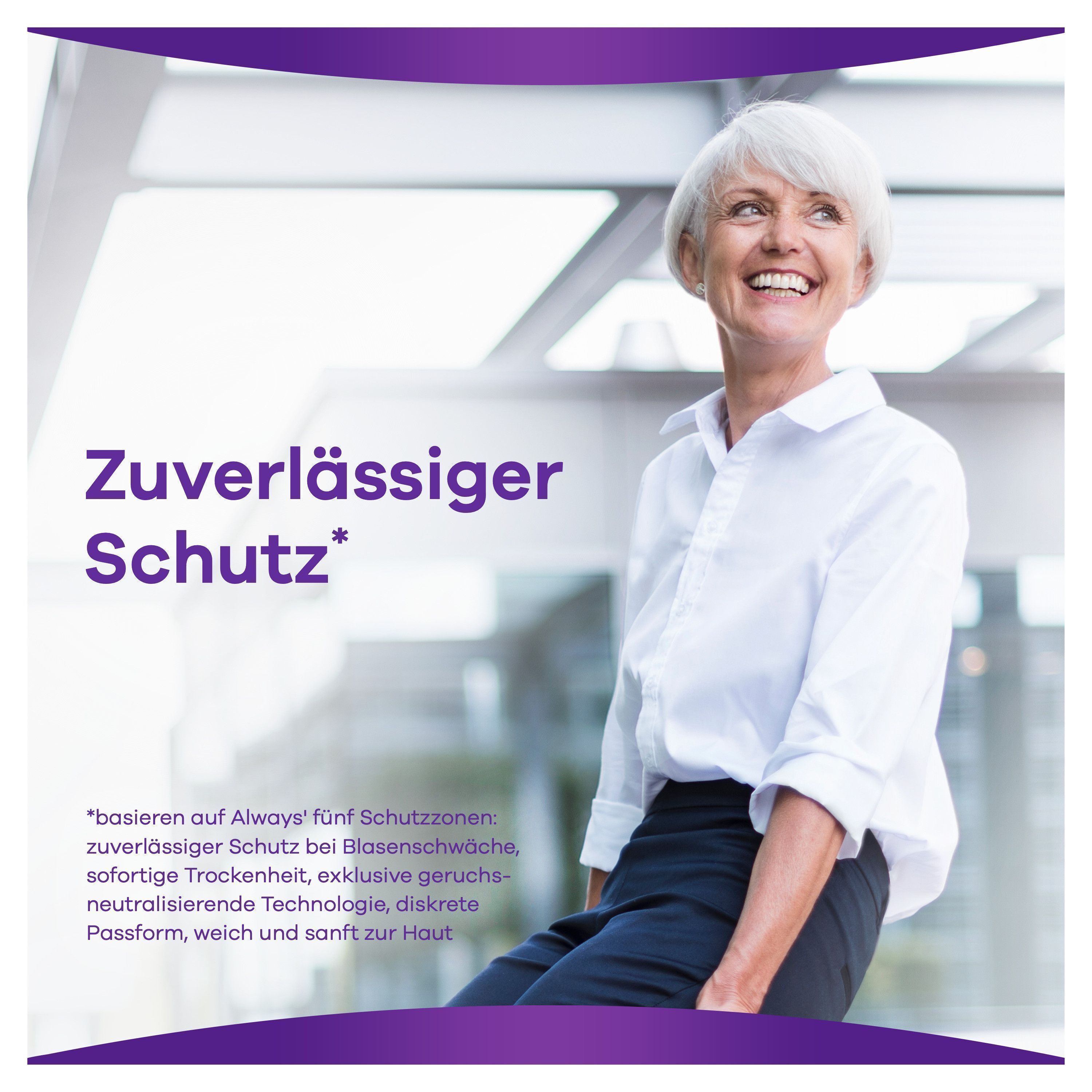 Eine lächelnde Frau. Text: Zuverlässiger Schutz.