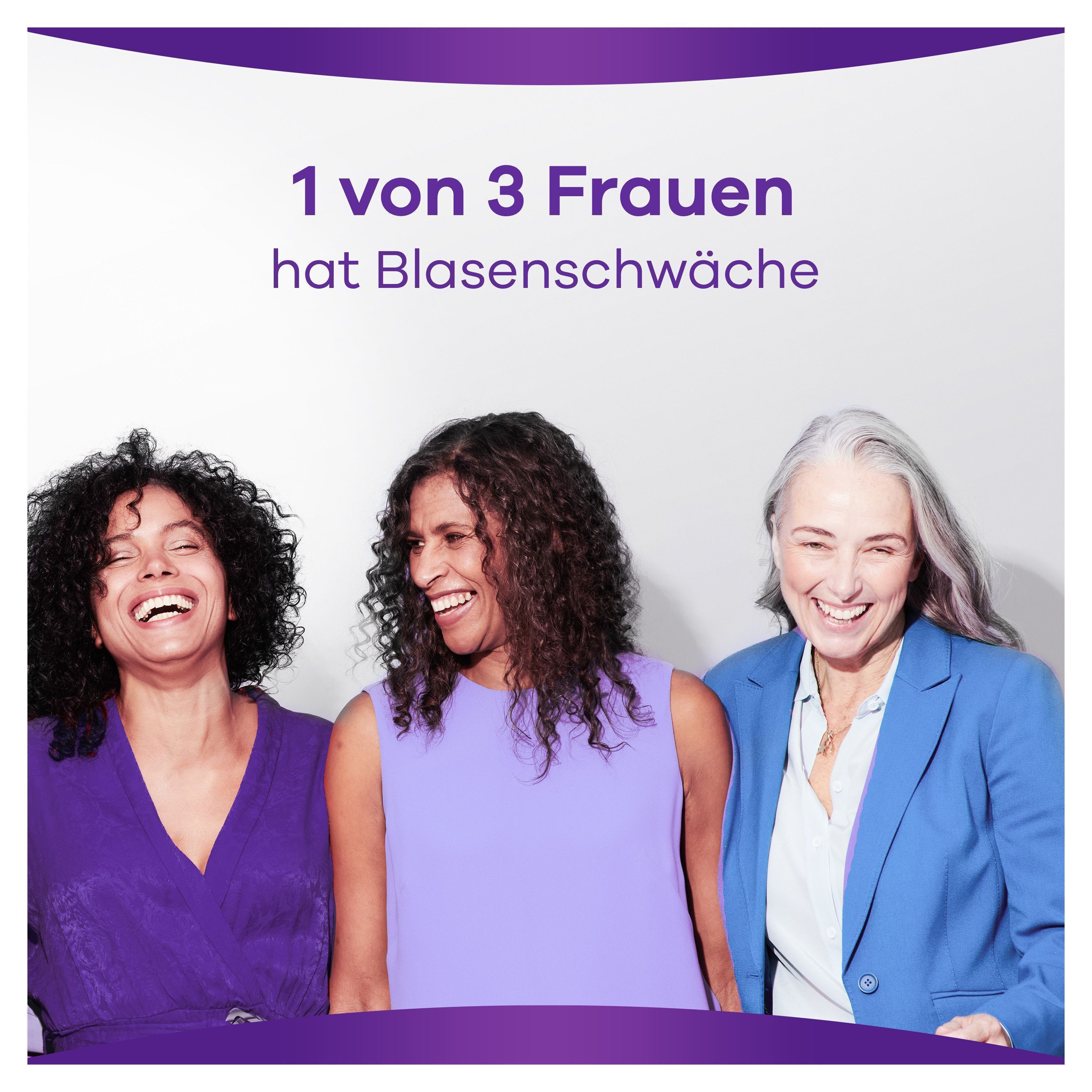 Drei lachende Frauen. Text: 1 von 3 Frauen hat Blasenschwäche.