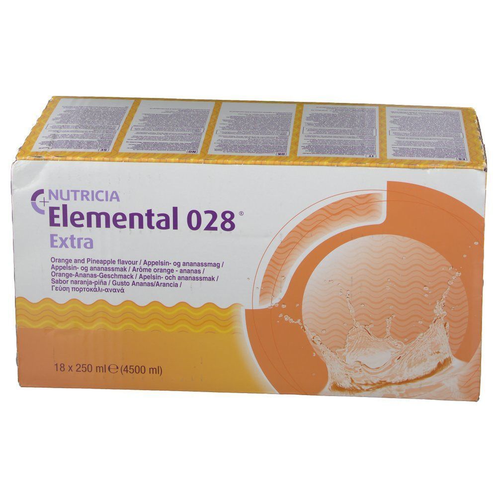 ELEMENTAL 028 Extra Karton, orangefarben. Produktname und Logo sichtbar. 18 x 250 ml.