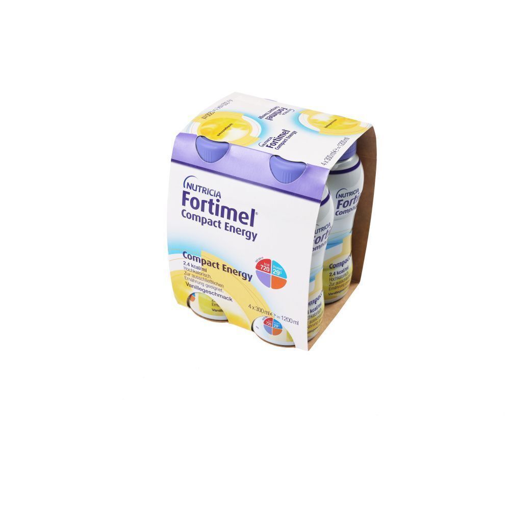 Verpackung mit 4 Flaschen FORTIMEL Compact Energy Vanille. Sichtbar: Flaschen, Verpackung, Produktname.
