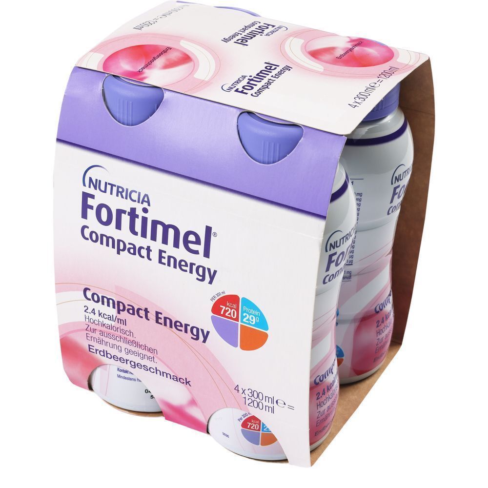Verpackung mit 4 Flaschen FORTIMEL Compact Energy Erdbeere. Sichtbar: Flaschen, Verpackung, Produktname.