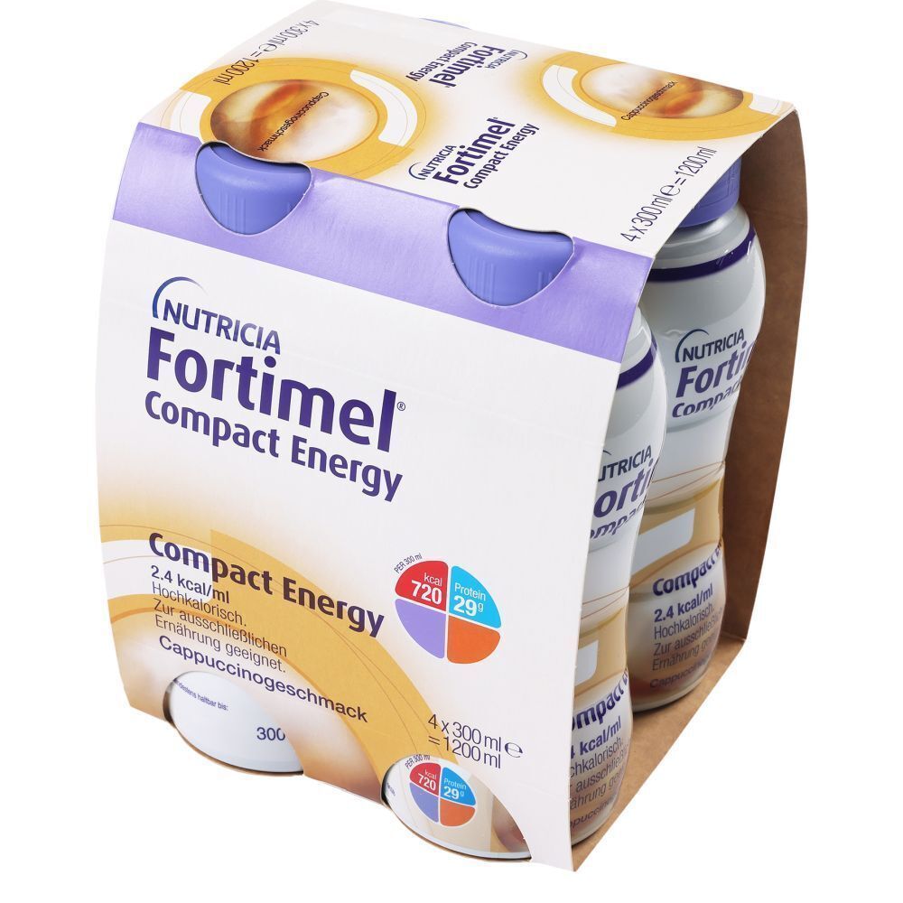 Verpackung mit 4 Flaschen FORTIMEL Compact Energy Cappuccino. Sichtbar: Flaschen, Verpackung, Produktname.