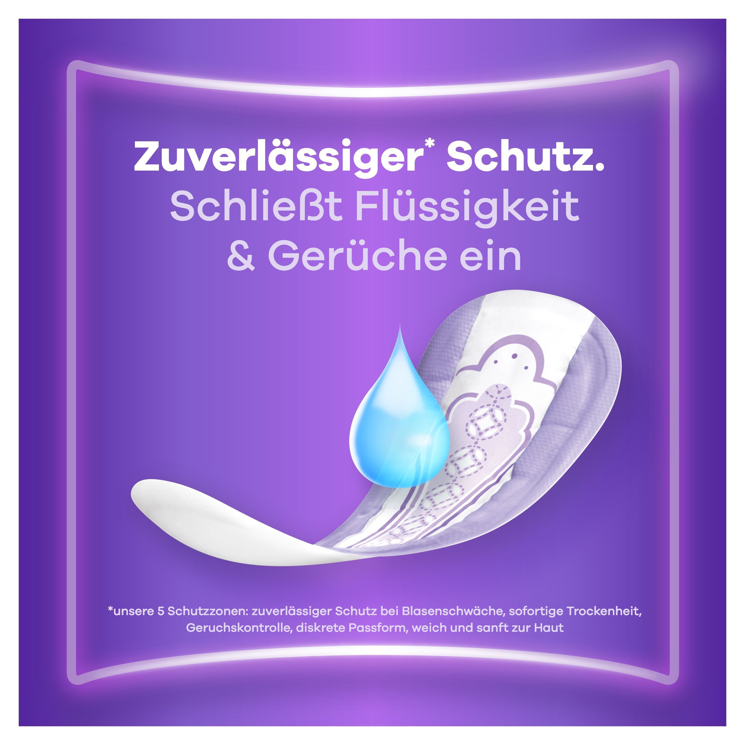 Always Discreet Einlage mit Tropfen-Illustration. Text: Zuverlässiger Schutz. Schließt Flüssigkeit & Gerüche ein.