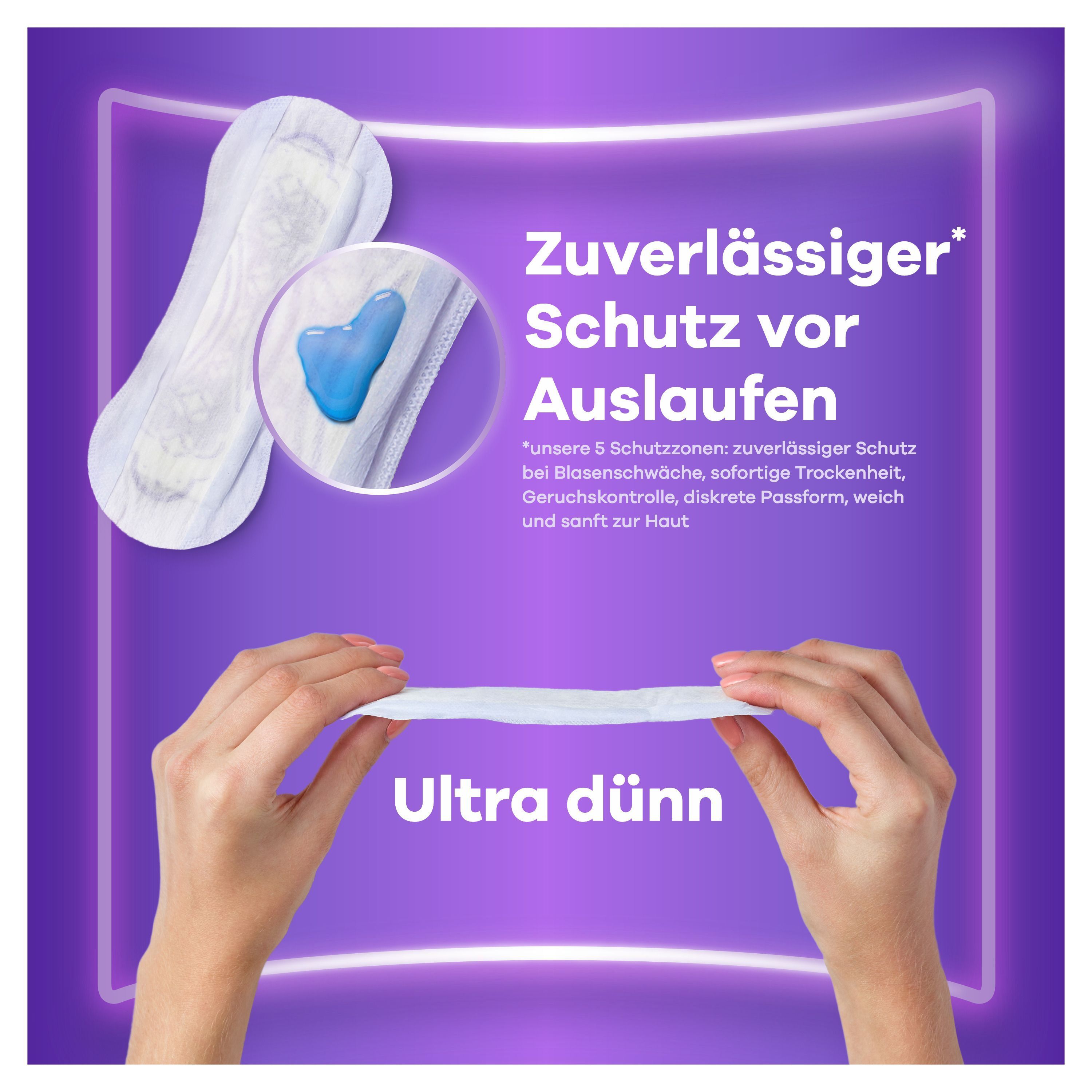Always Discreet Einlage, ultra dünn. Illustration von Flüssigkeit. Text: Zuverlässiger Schutz vor Auslaufen.