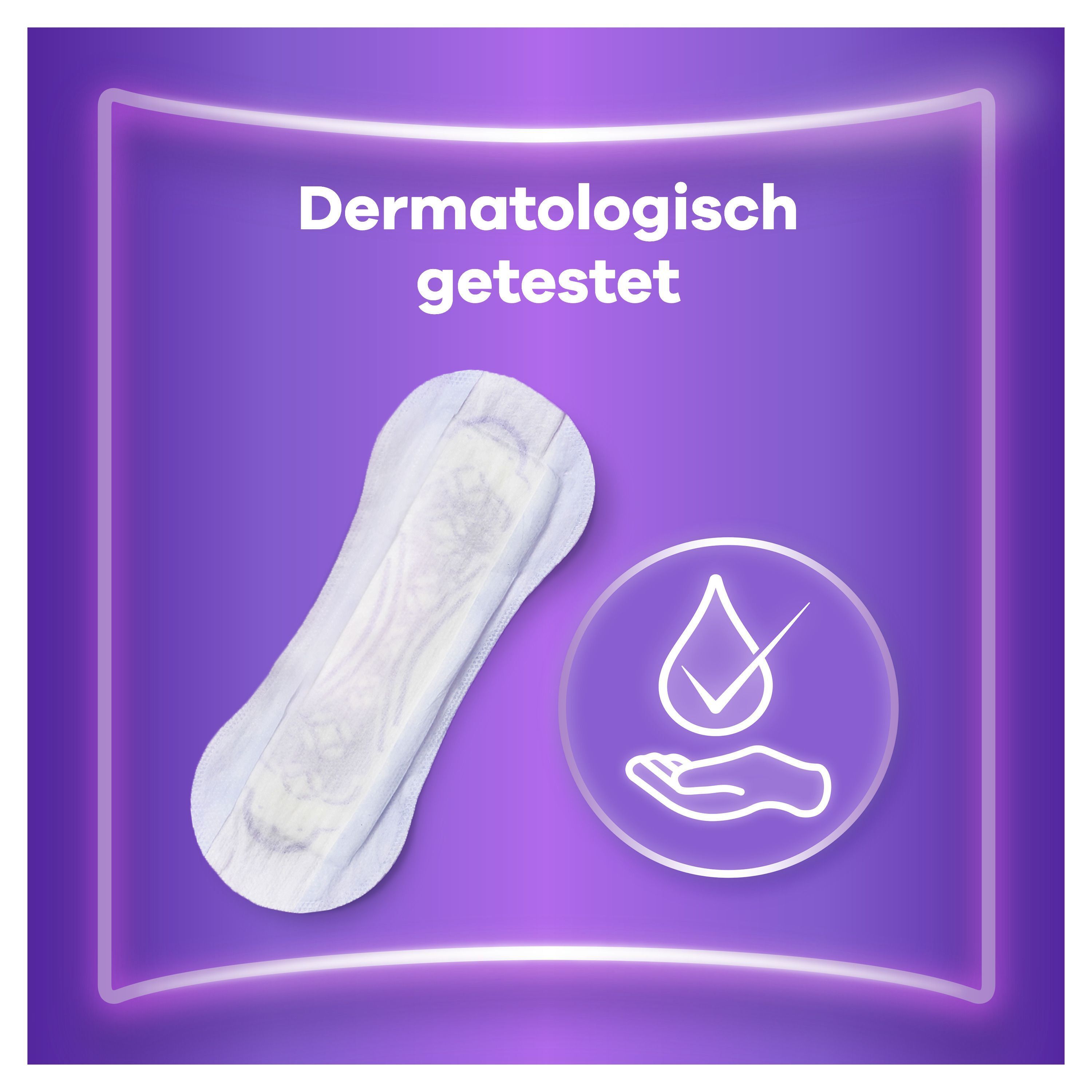 Always Discreet Einlage mit Tropfen- und Hand-Symbol. Text: Dermatologisch getestet.