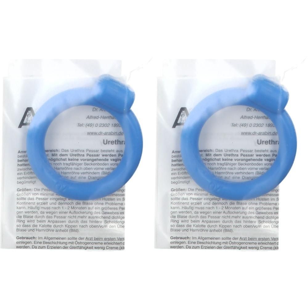Zwei blaue Urethra-Pessare in Einzelverpackung. Ringförmig mit einer Verdickung.