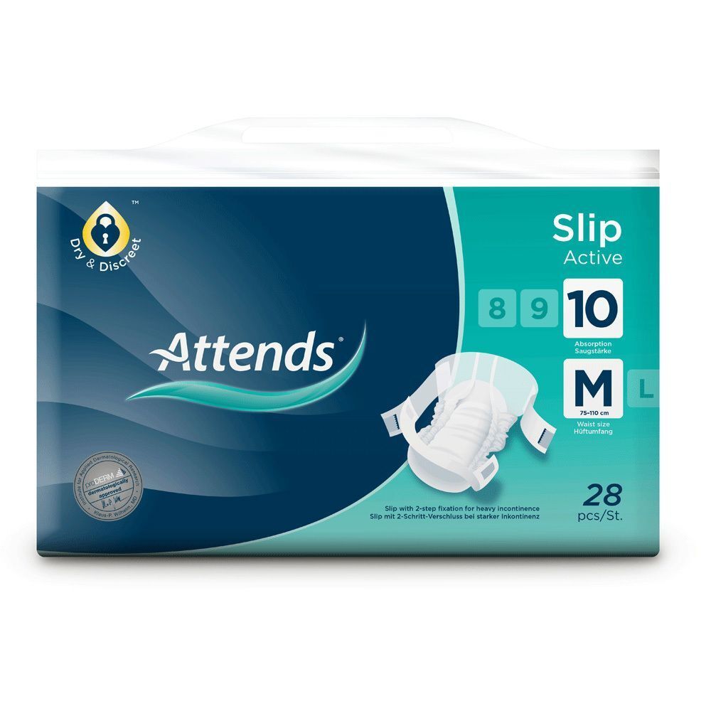 Attends® Slip Active 10 M Packung. Marke, Produktname, Größe M, 28 Stück. Abbildung eines Inkontinenzprodukts. Trocken & diskret.