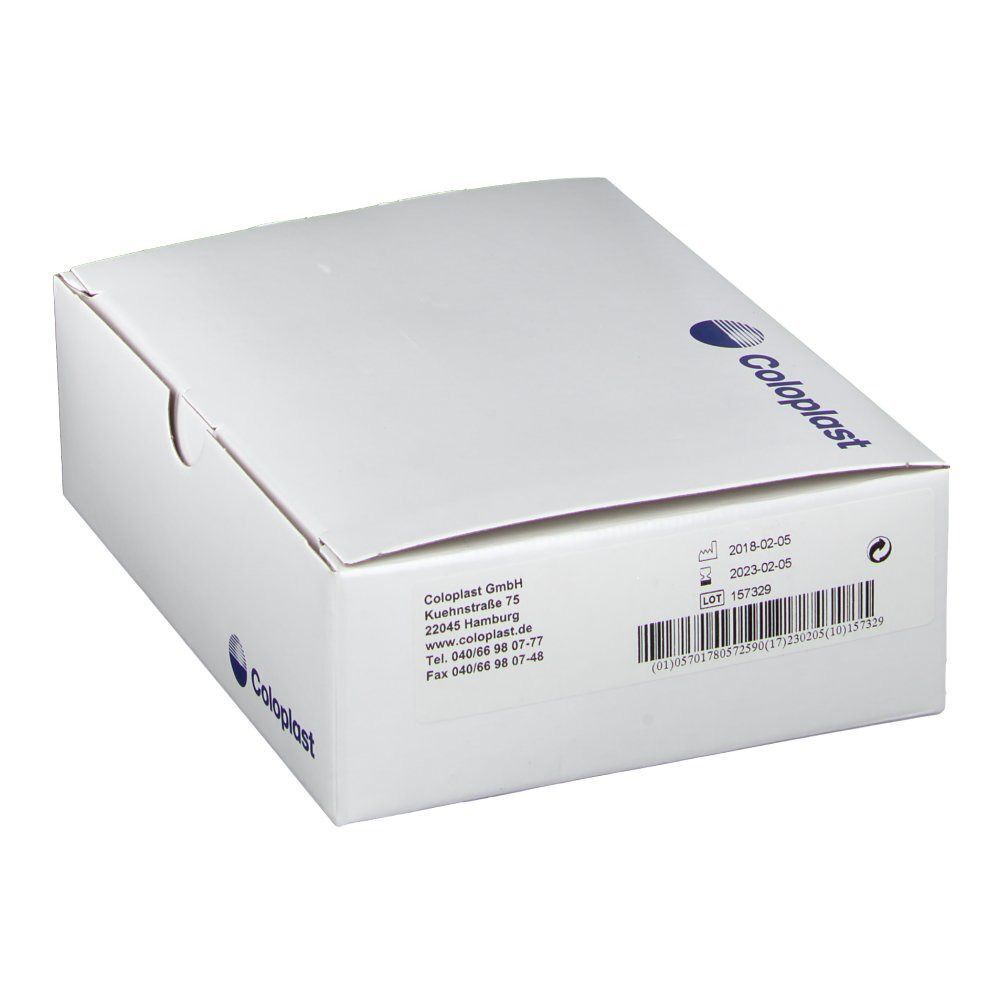 Weißer Karton mit Coloplast-Logo. Aufdrucke mit Produktinformationen und Barcode.
