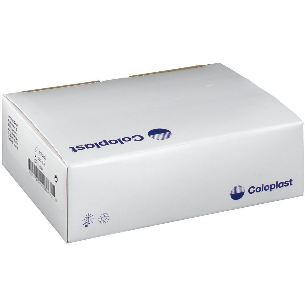 Weißer Karton mit Coloplast-Logo. Aufdrucke mit Produktinformationen und Barcode.