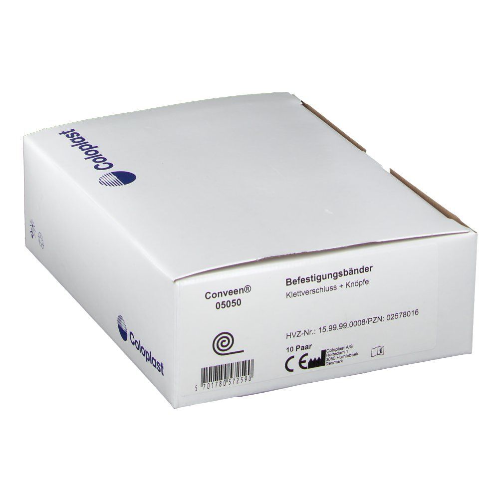 Weißer Karton mit Coloplast-Logo. Aufschrift: CONVEEN® Befestigungsbänder. 10 Paar.