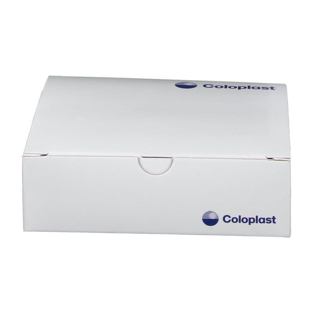Weißer Karton mit Coloplast-Logo. Deckel mit abgerundeter Aussparung.