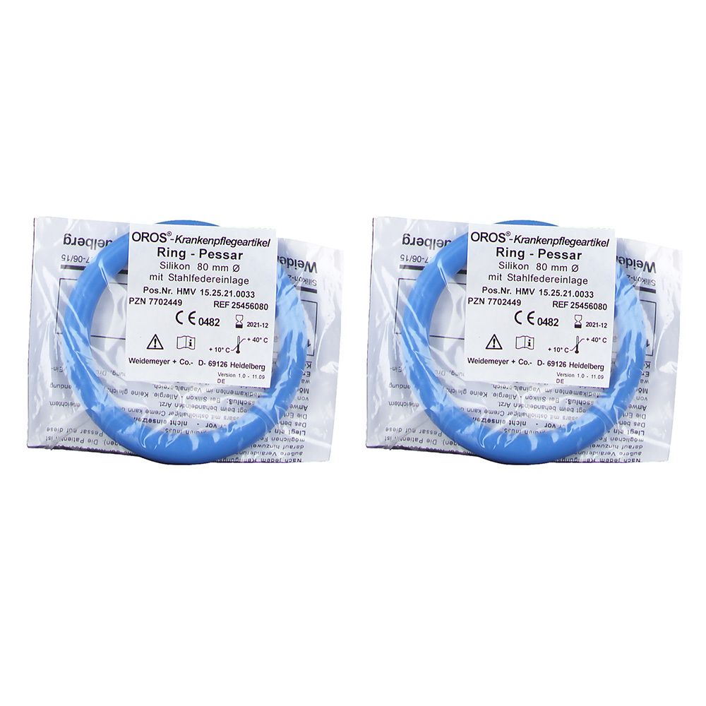 Zwei blaue Silikon-Ring-Pessare (80 mm) in Sterilverpackung mit Produktinformationen und CE-Kennzeichnung.