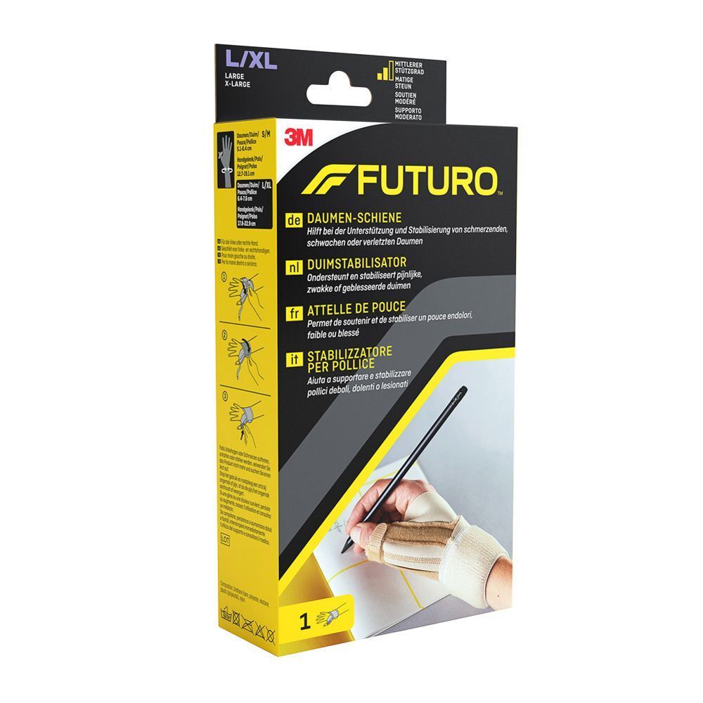 FUTURO Daumen-Schiene in L/XL-Verpackung. 3M-Logo. Text in Deutsch, Niederländisch, Französisch und Italienisch. Produktabbildung.