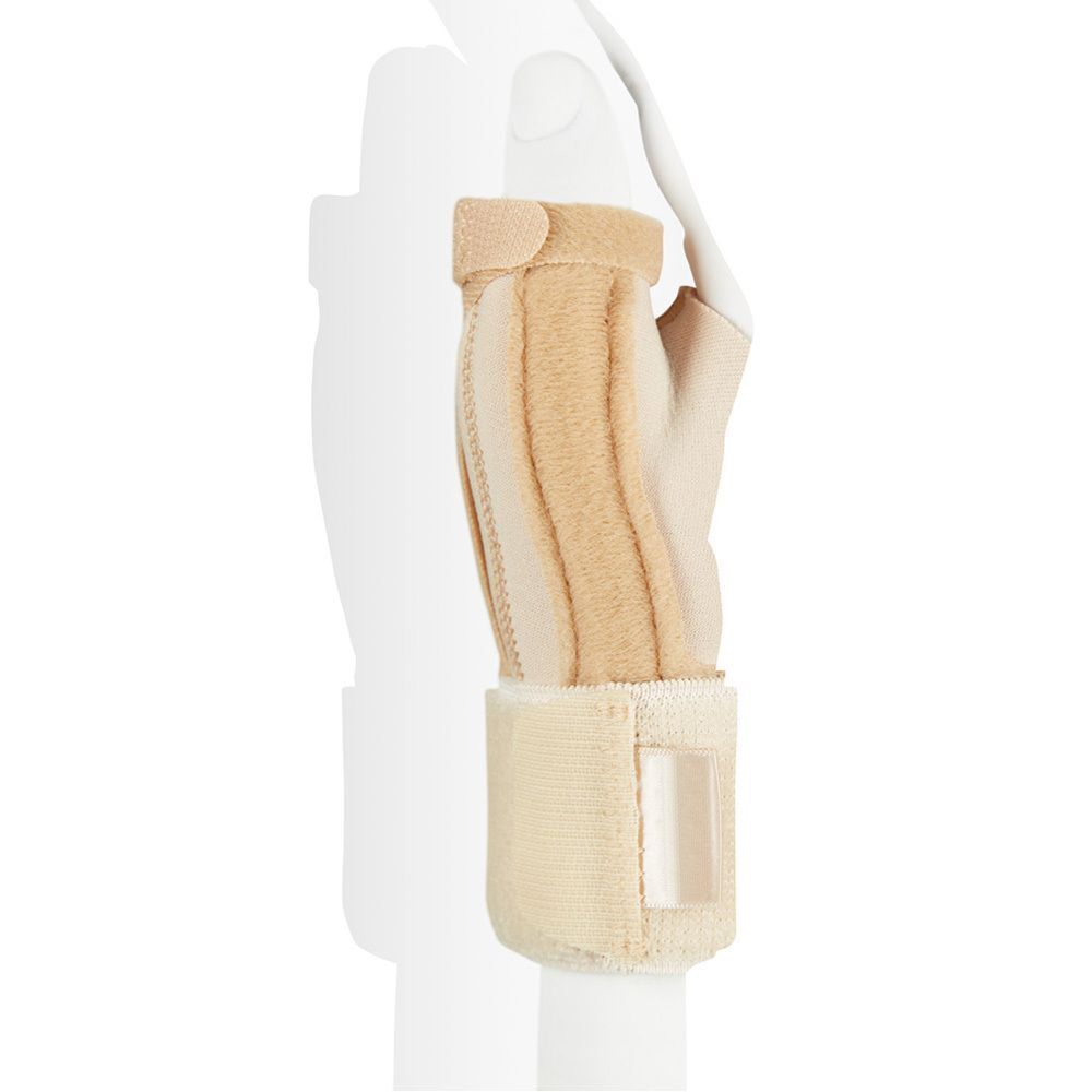 Beige FUTURO Daumen-Schiene. Handmodell. Klettverschluss. Beige und cremefarbene Materialien.