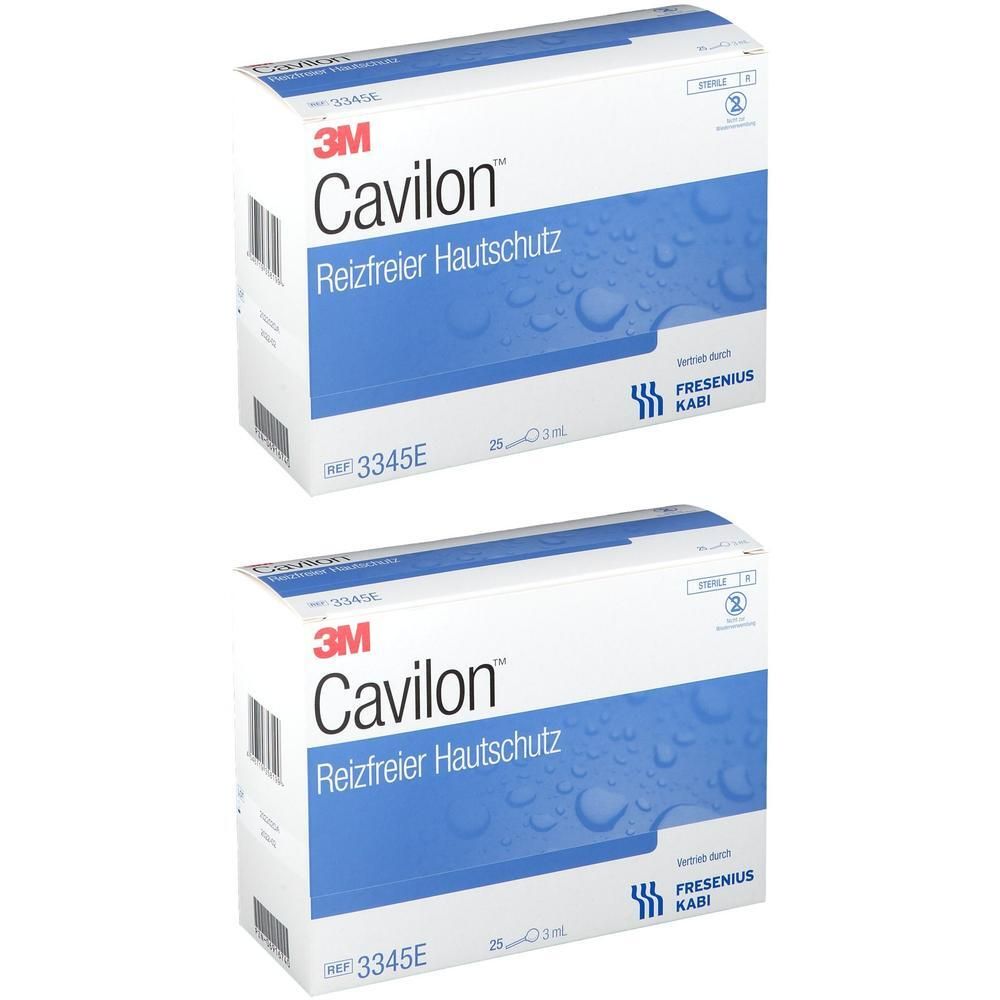 Zwei Kartons Cavilon Reizfreier Hautschutz. Weiß mit blauer Fläche. 3M-Logo und Fresenius Kabi-Logo.