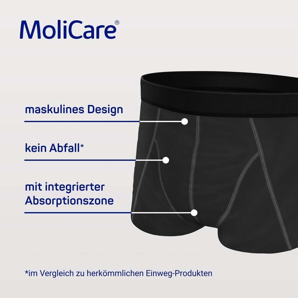 Nahaufnahme schwarzer MoliCare MEN Boxershorts. Text: maskulines Design, kein Abfall, mit integrierter Absorptionszone.
