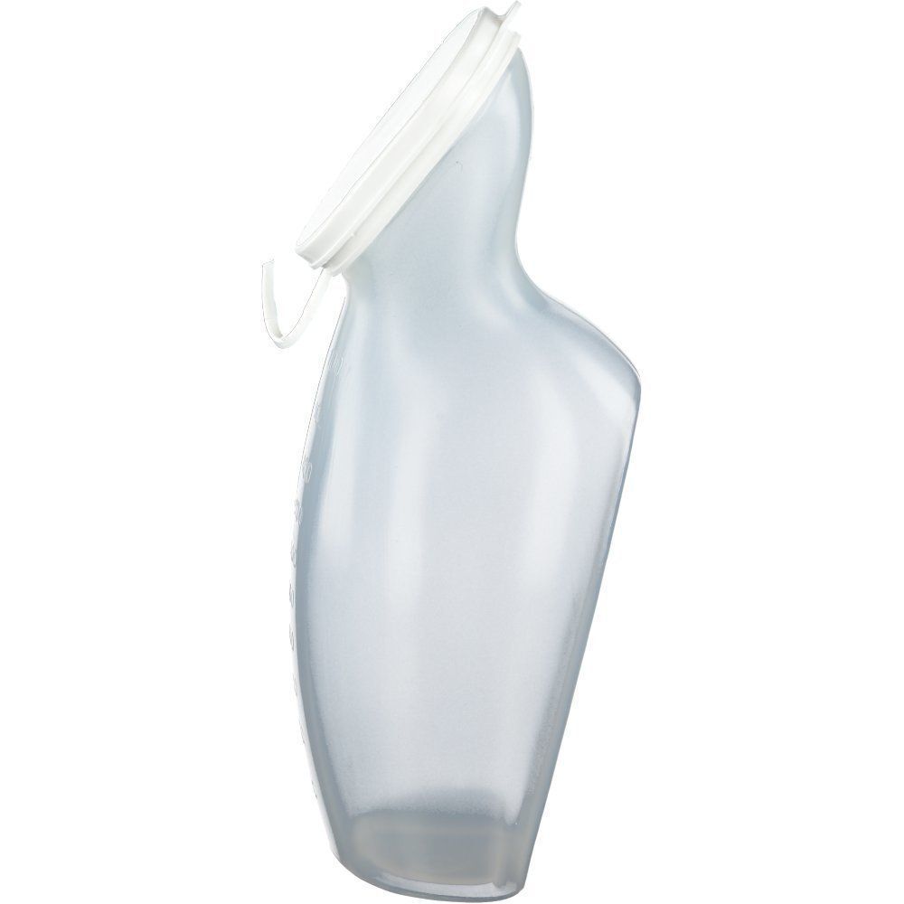 Transparente Urinflasche für Frauen mit weißem Deckel. Die Flasche hat eine ovale Öffnung und einen Henkel.