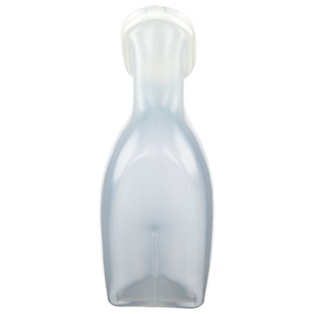 Transparente Urinflasche für Frauen mit weißem Deckel. Die Flasche hat eine ovale Öffnung und einen Henkel.