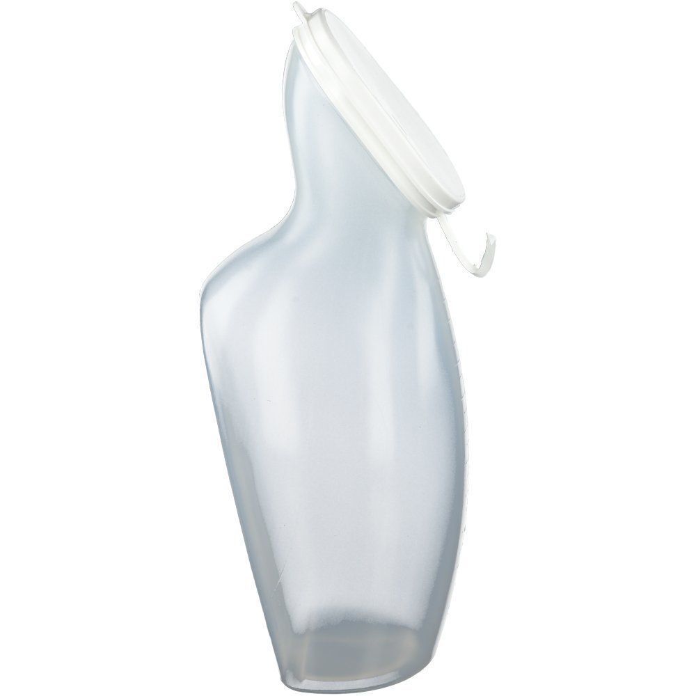 Transparente Urinflasche für Frauen mit weißem Deckel. Die Flasche hat eine ovale Öffnung und einen Henkel.
