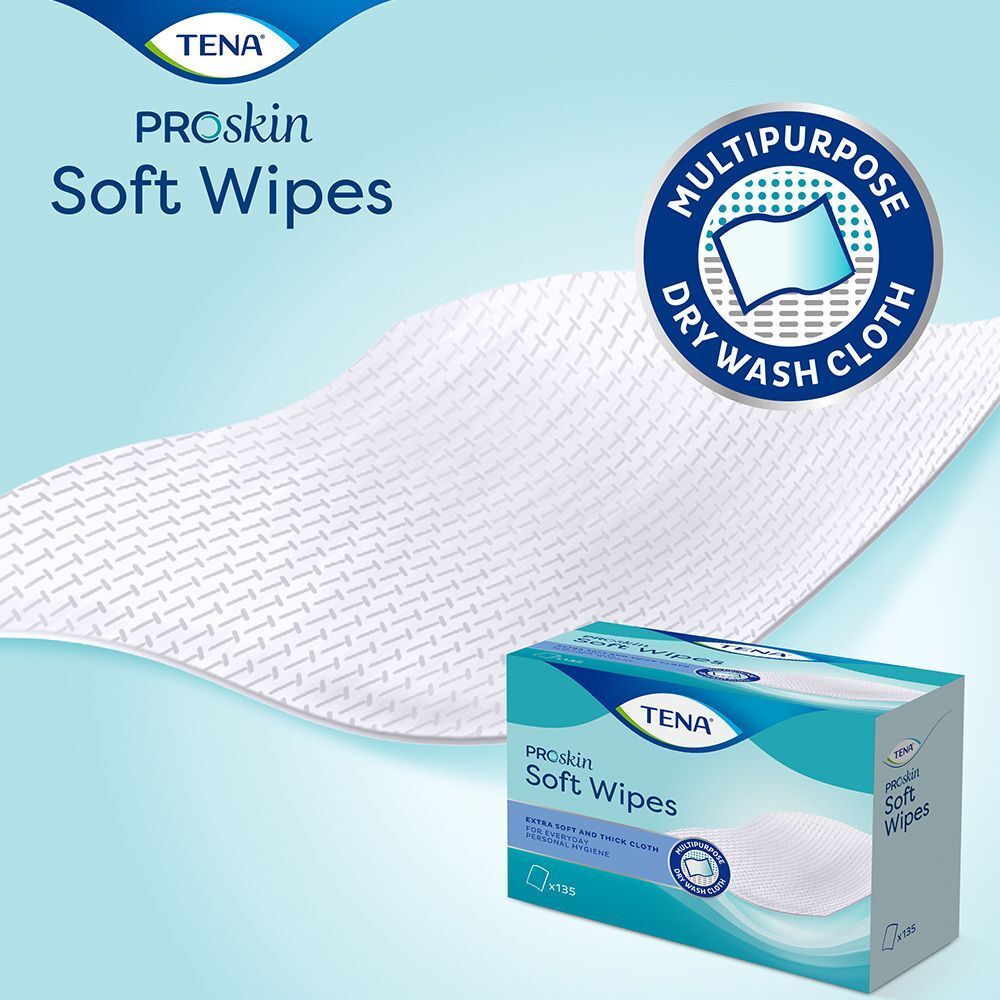 TENA ProSkin Soft Wipes Packung und ein weißes Tuch. Blaue Verpackung mit Produktname und Logo. 135 Tücher.