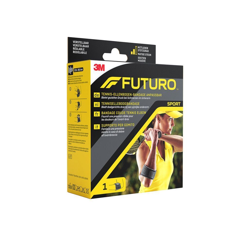 FUTURO Sport Tennis-Ellbogen-Bandage-Verpackung. Schwarze Box mit Produktbild und Text. 3M-Logo und Produktname deutlich sichtbar.