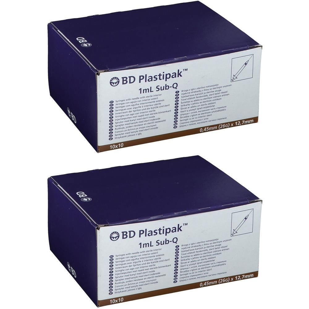 Zwei Kartons BD Plastipak™ 1ml Sub-Q. Aufschrift: 0,45mm (26G) x 12,7mm. 10x10. Lila Verpackung.