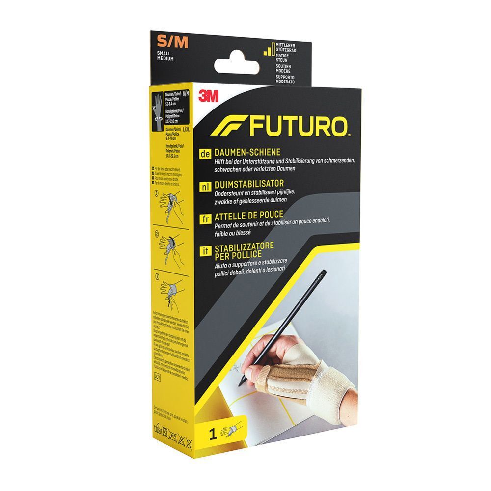 FUTURO Daumen-Schiene in Verpackung. Größe S/M. Schwarze Verpackung mit Produktnamen und Logo. Enthält Produktabbildung und Anwendungshinweise.
