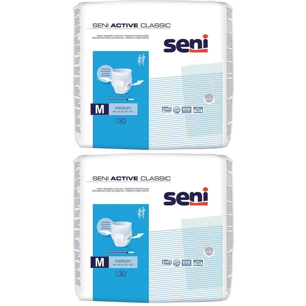 Zwei Packungen Seni Active Classic. Weiße Verpackung mit blauer Beschriftung. Seni-Logo und Produktbezeichnung deutlich sichtbar.