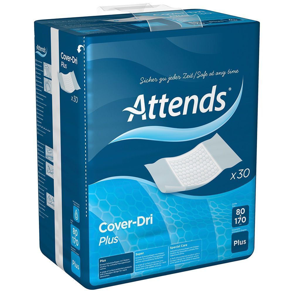 Attends Cover-Dri Plus Verpackung. Blau, mit Logo, Produktname, Größe und Anzahl. Text: Sicher zu jeder Zeit/Safe at any time.