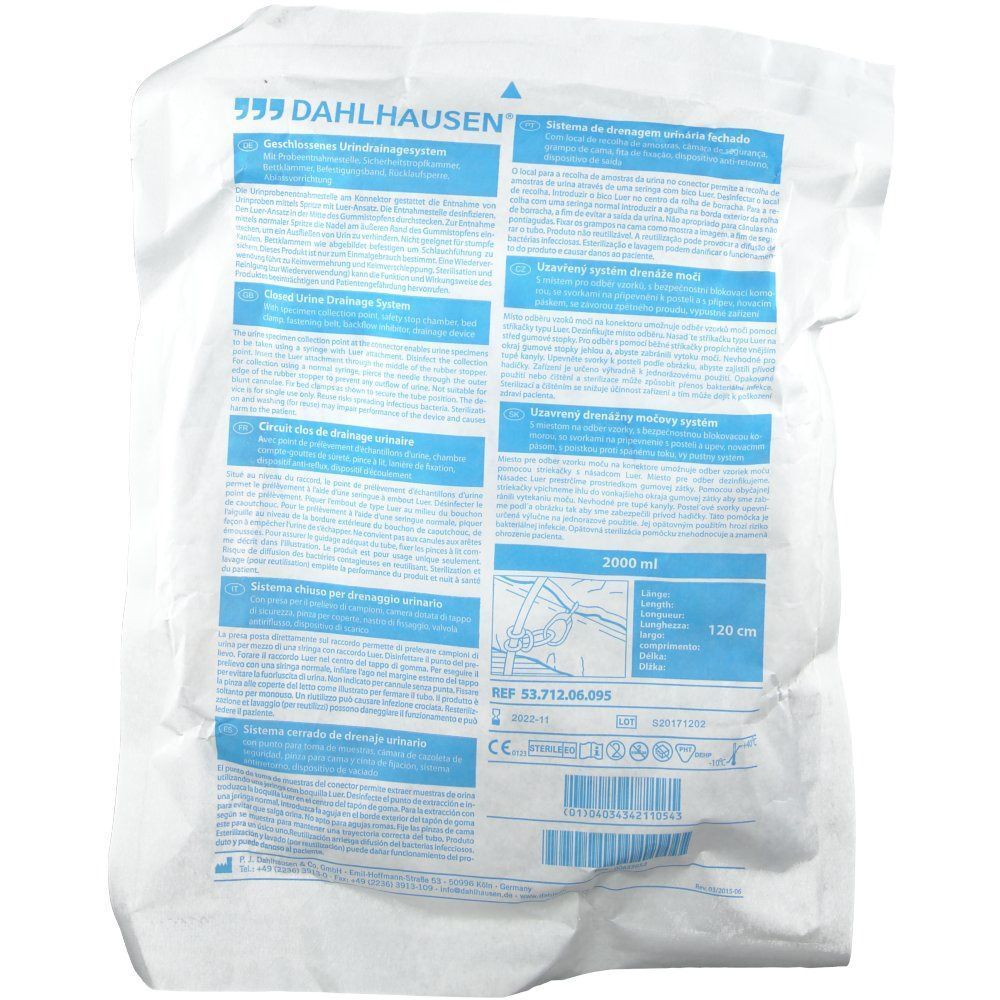 Verpackung eines Urinbeutels. Aufdruck mit Produktinformationen, Marke Dahlhausen und Volumenangabe.
