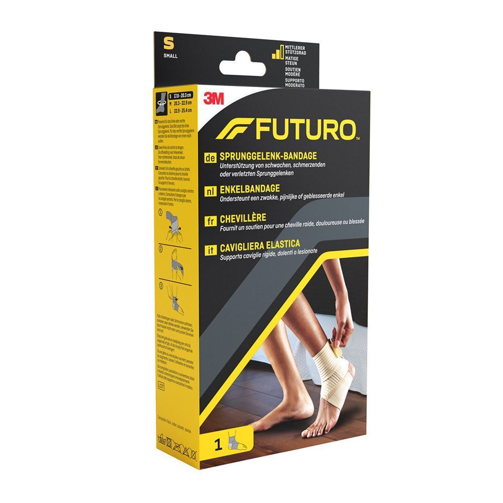 FUTURO™ Sprunggelenk-Bandage S-Verpackung. Beige Bandage auf Fuß abgebildet. Text: ENKELBANDAGE, CHEVILLÈRE, CAVIGLIERA ELASTICA.