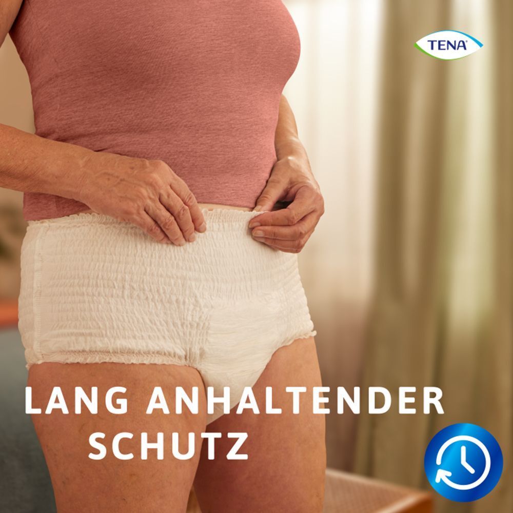 Person trägt weiße TENA Pants. Text: Lang anhaltender Schutz. Logo: Uhr.