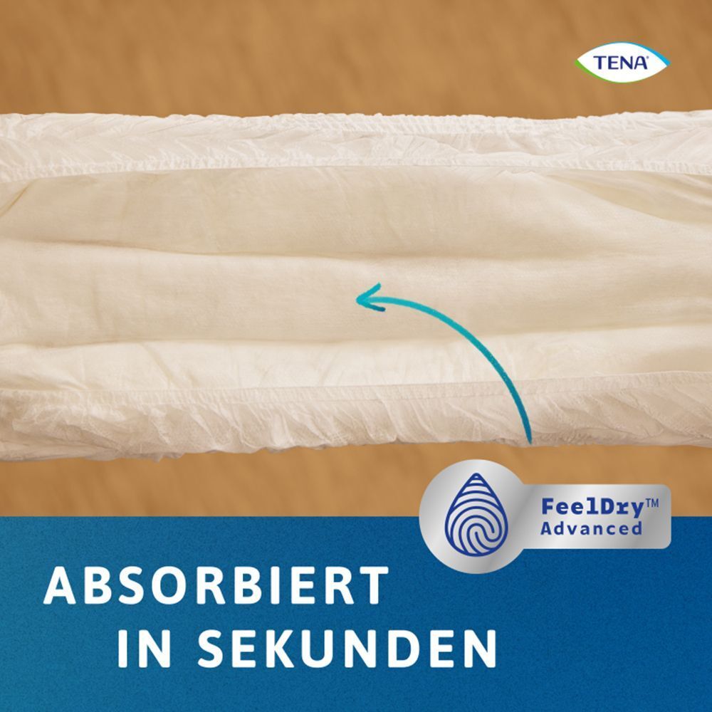 Nahaufnahme des Innenbereichs einer weißen TENA Pants. Text: Absorbiert in Sekunden. Logo: FeelDry Advanced.