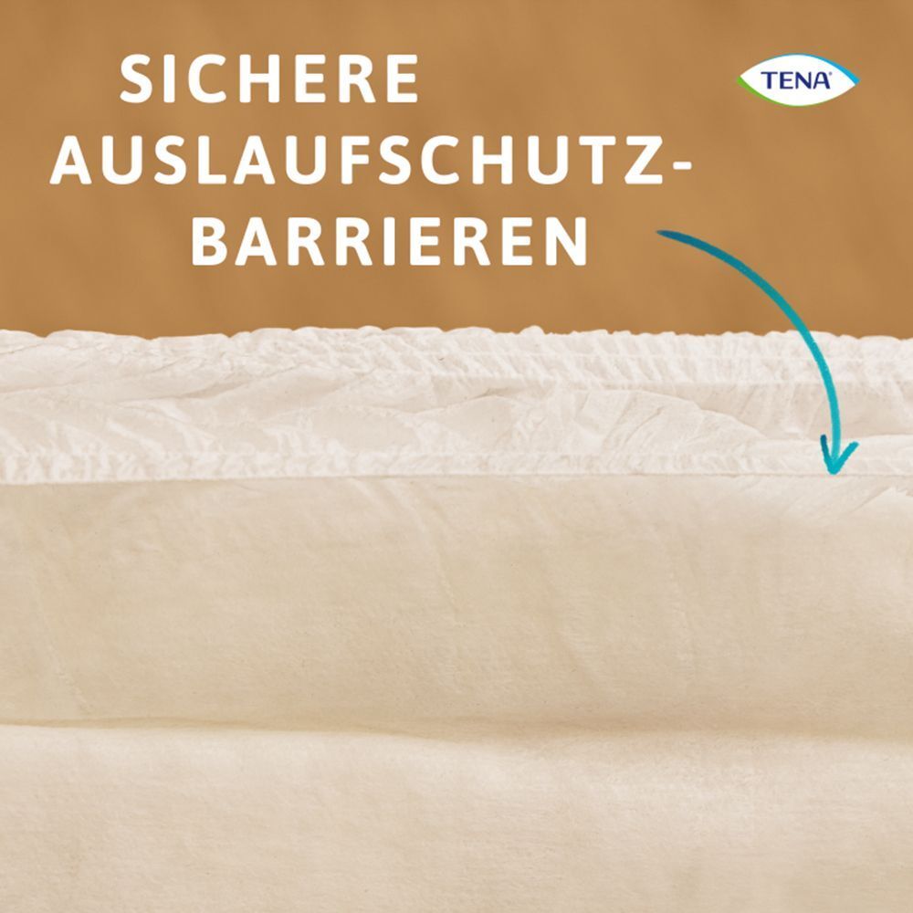 Nahaufnahme des Innenbereichs einer weißen TENA Pants. Text: Sichere Auslaufschutzbarrieren.