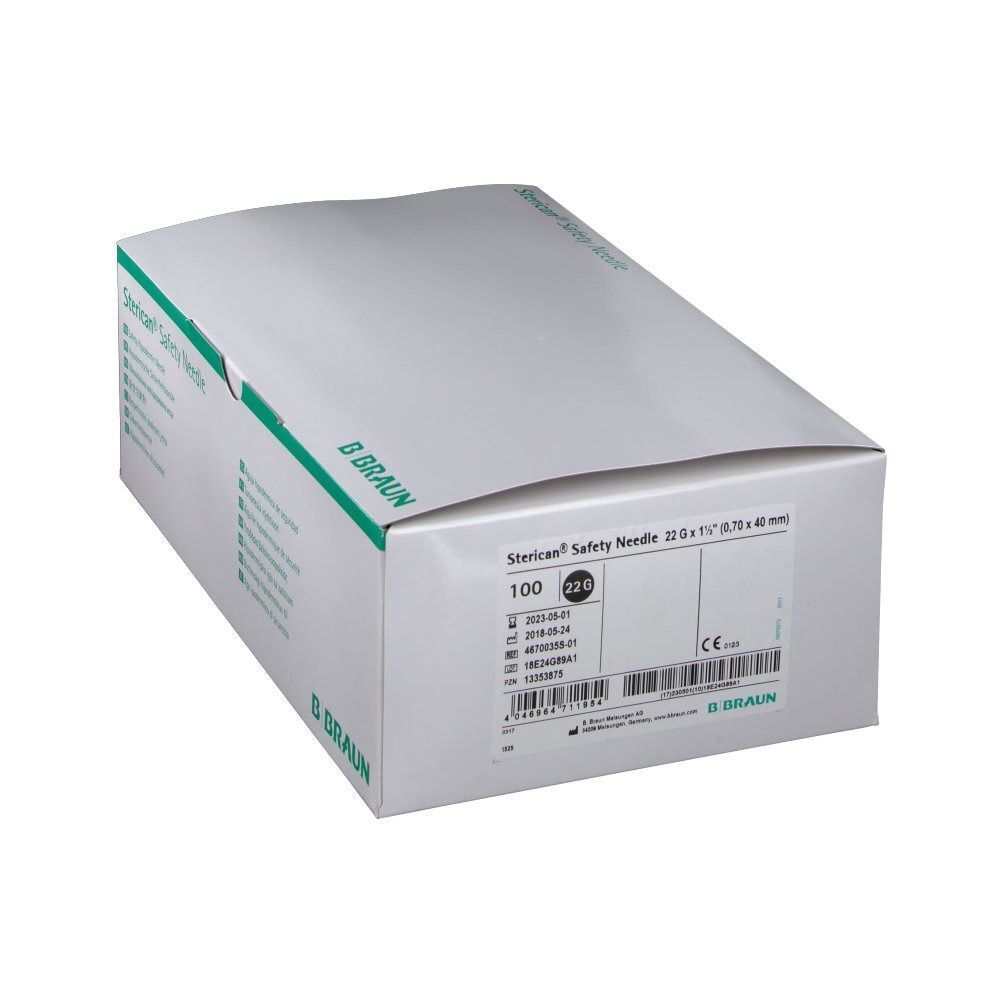 Sterican® Safety Needle-Box. Weiß mit grünen Akzenten. B. Braun Logo. Produktinformationen und CE-Kennzeichnung.