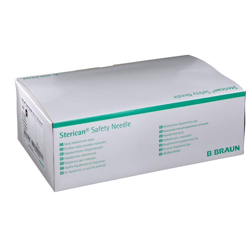 Sterican® Safety Needle-Box. Weiß mit grünen Akzenten. B. Braun Logo. Text in mehreren Sprachen.