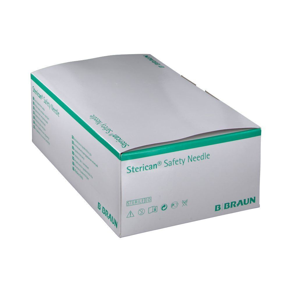 Sterican® Safety Needle-Box. Weiß mit grünen Akzenten. B. Braun Logo. Produktinformationen.
