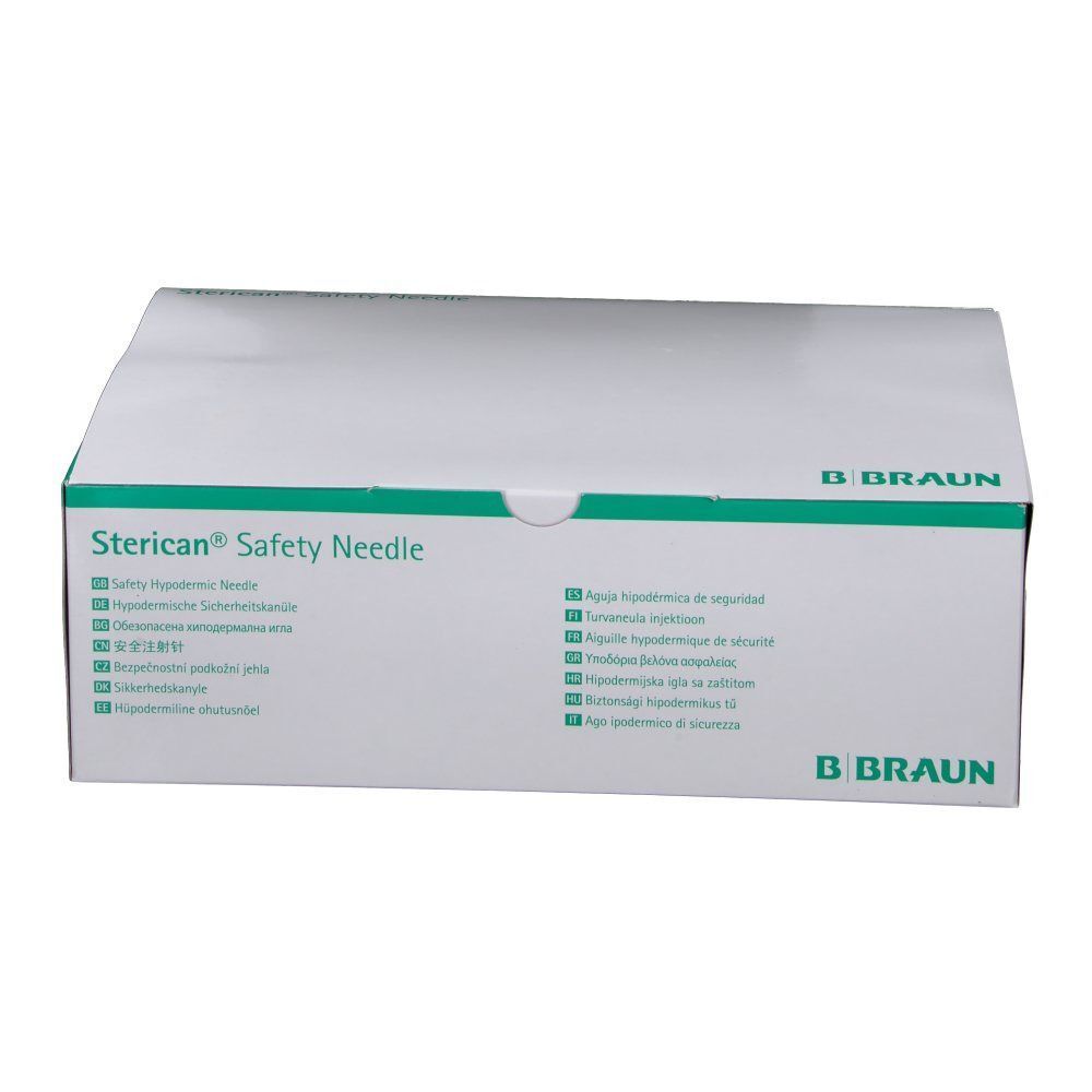 Sterican® Safety Needle-Box. Weiß mit grünen Akzenten. B. Braun Logo. Text in mehreren Sprachen.