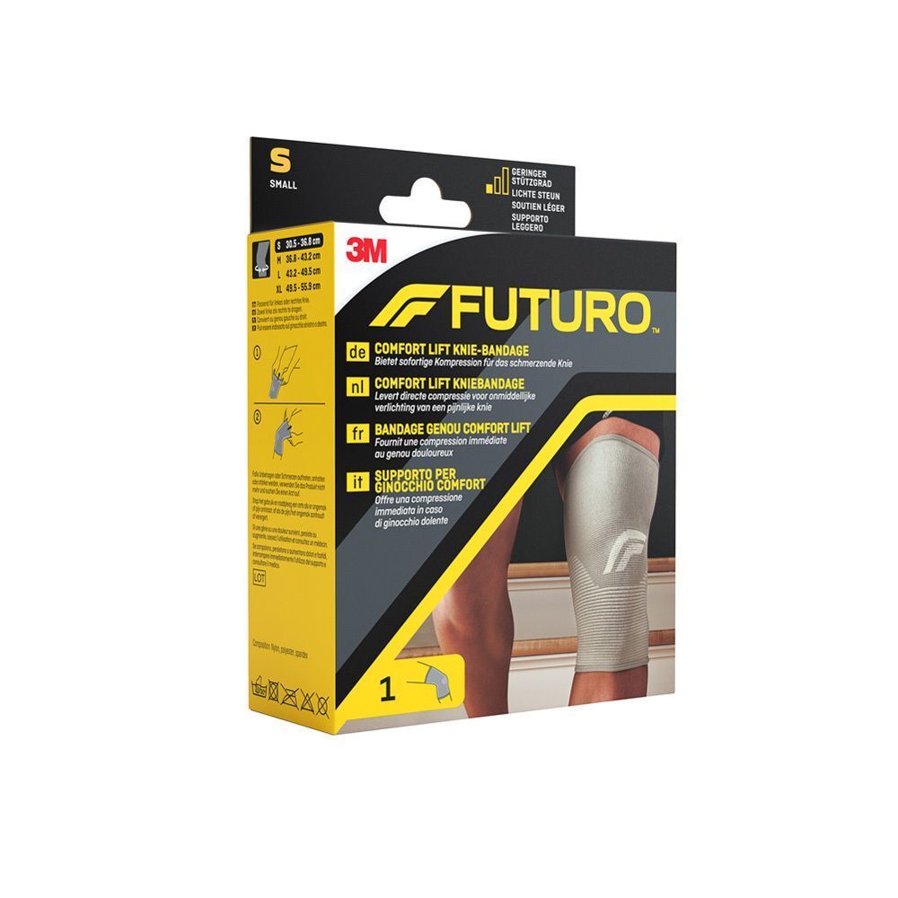 FUTURO Comfort Knie-Bandage Größe S in Verpackung. Schwarze Verpackung mit Produktname und Logo. Bein mit Bandage.