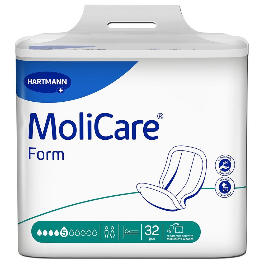 MoliCare® Form Packung. Weiße Verpackung mit Logo und Produktbezeichnung. Produktabbildung und relevante Informationen.