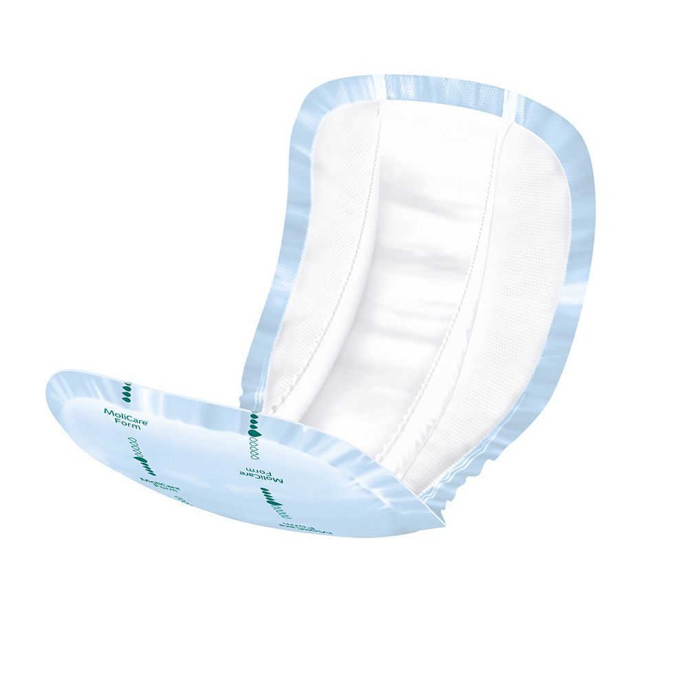 MoliCare® Form Einlage. Hellblau-weiß. Anatomisch geformt. Produkt mit blauer Umrandung und grünen Pfeilen.