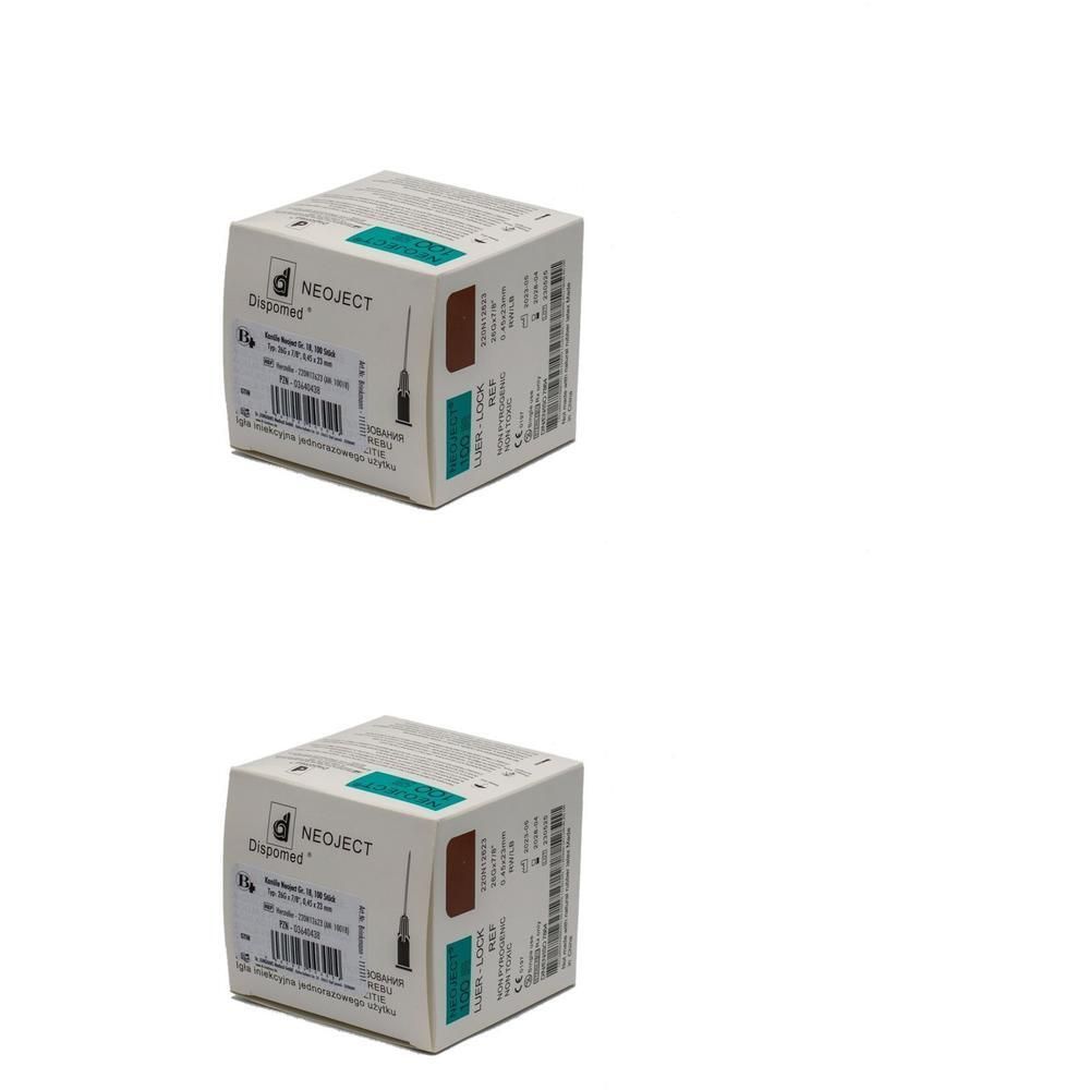 Zwei quadratische Kartons mit Dispomed® NEOJECT® Kanüle. Grün-braune Akzente. Barcode und Text auf der Verpackung.