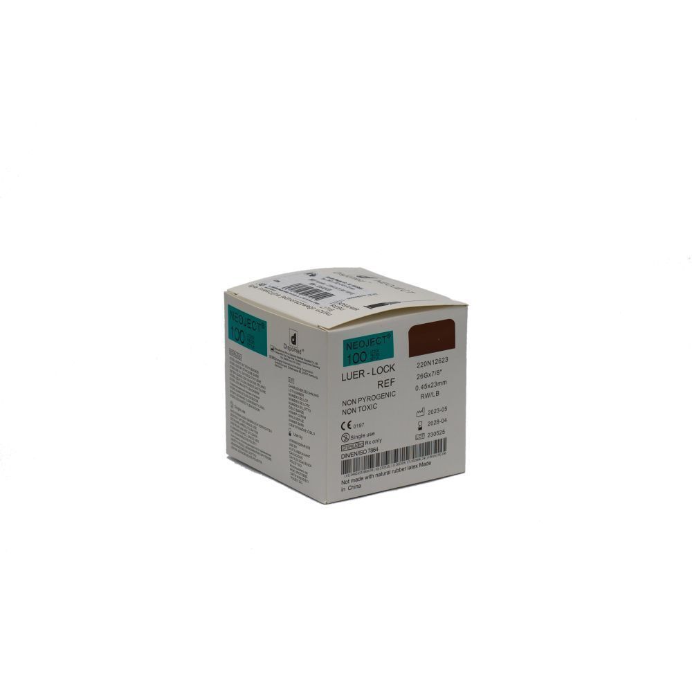 Quadratischer Karton mit Dispomed® NEOJECT® Kanüle. Grün-braune Akzente. Barcode und Text auf der Verpackung.
