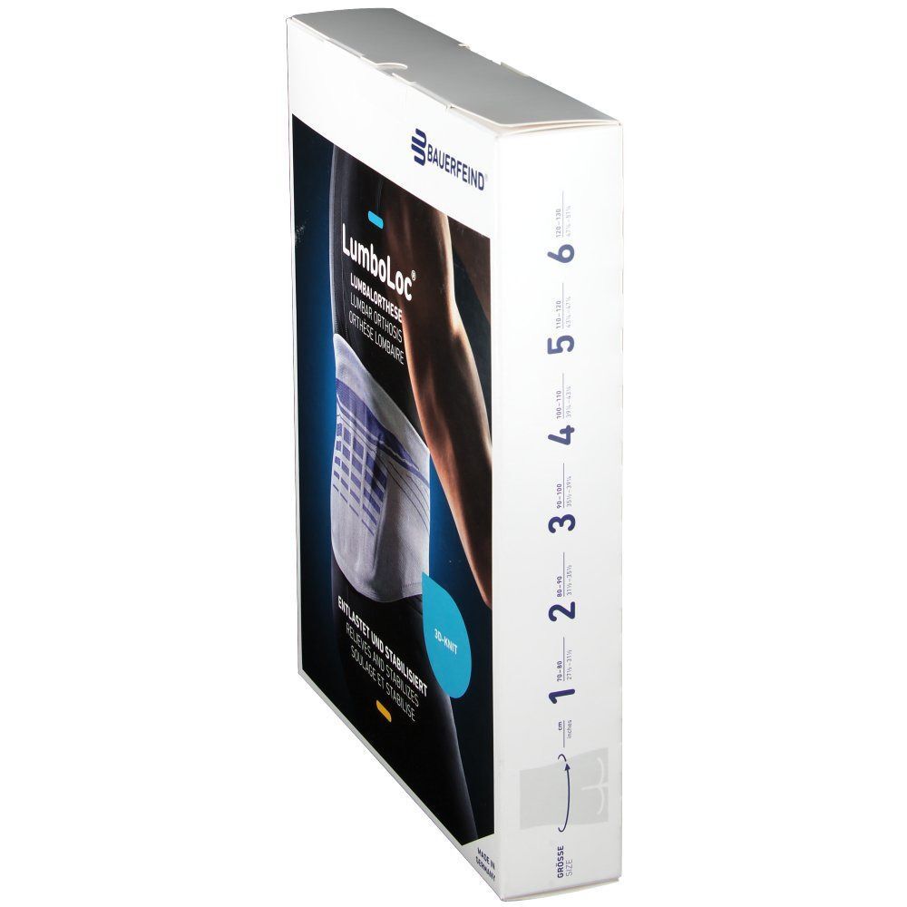 Produktverpackung, seitliche Ansicht. Aufdruck: LumboLoc, Rückenstützbandage. Marke: Bauerfeind. Größenangabe auf der Seite.